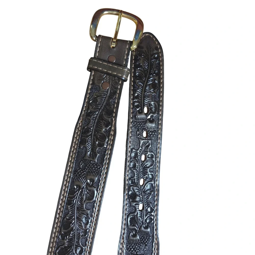 TexTan Mens 38 Floral Tooled Leather Western Belt Made in USA 021026 Cowboy